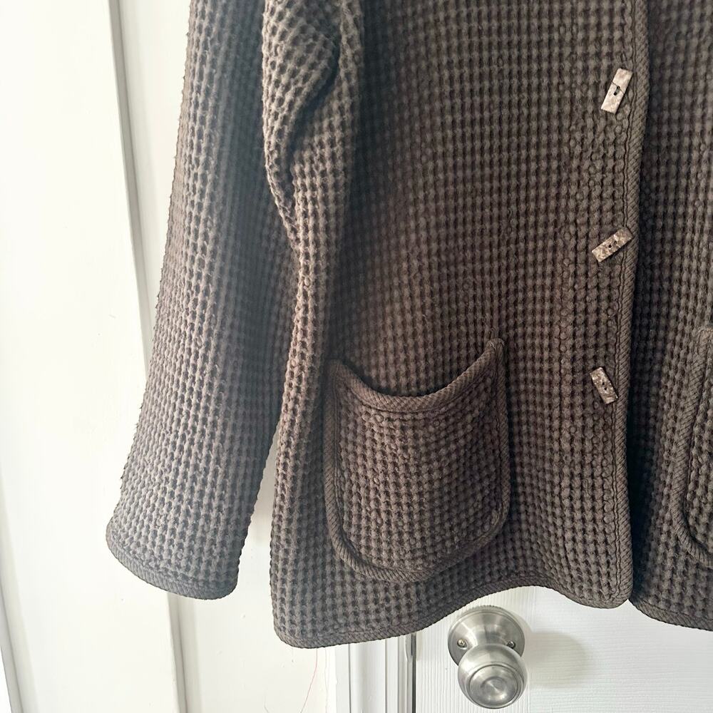 FOCUS Cotton Chocolate Brown Waffle Texture Lagenlook Wood Buttons Jacket XL - Picture 3 of 10
